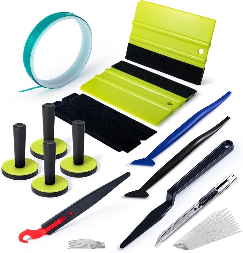 FOSHIO 4PCS Wrap Magnets Window Tint Kit, 5M Knife Tape Finish Line, 2PCS Felt Squeegee & Felt Tape, Vinyl Cutter Utility Knife and 10PCS Blades, 2PCS Micro Squeegee Corner Squeegee Vinyl Wrap Tools - Image 1